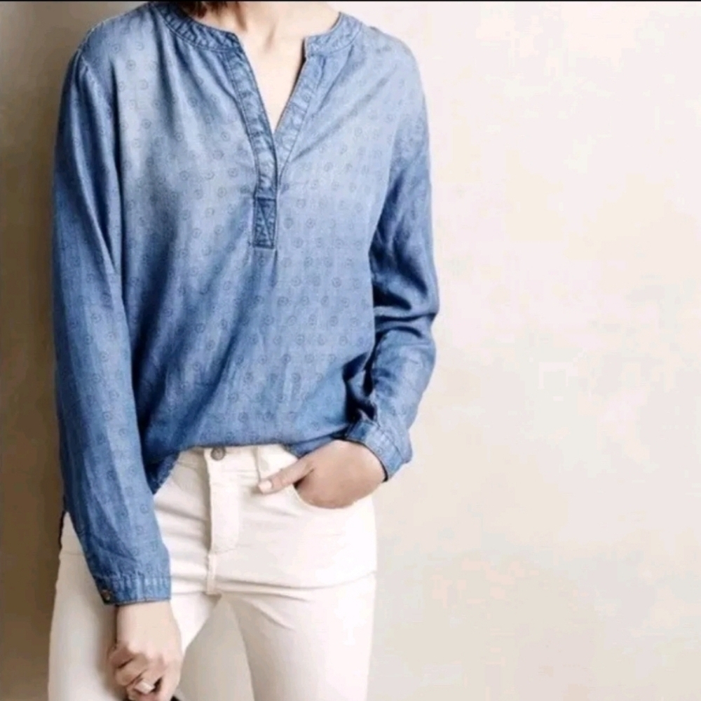 Anthropologie Cloth & Stone Printed Chambray Tencell Popover Shirt Women's XS